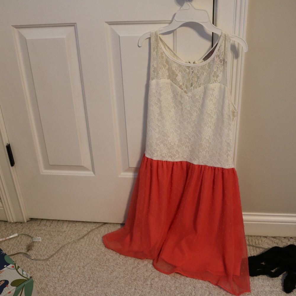 Lace Top & Orange/pink polka dot dress